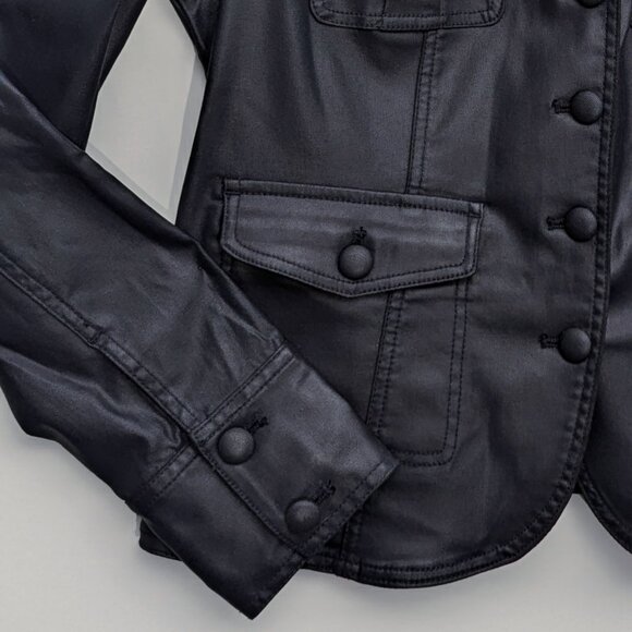 WHBM $180 NAVY Coated Denim Military Jacket Officer Blue Stretchy WASHABLE 14/12 - Picture 3 of 9